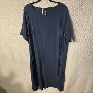 ISCHIKO Sz 3 Navy Blue Short Sleeve with Button Detail Shift Dress with Pockets